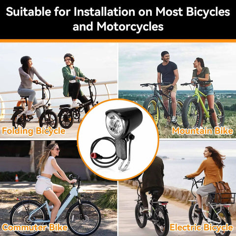 Ultra Bright Led Bike Front Light For Night Riding 12 Volt To 60 Volt Compatible Waterproof shown with various bike types