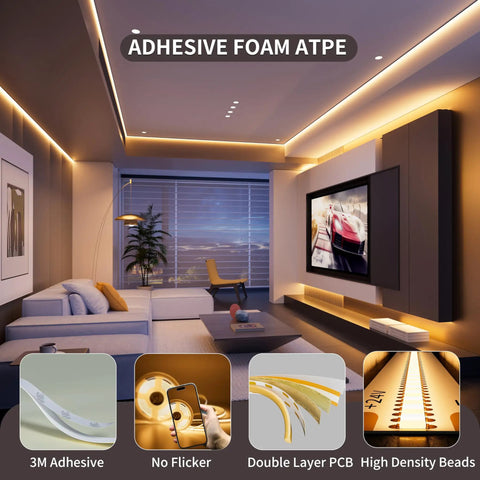 Living room with warm lighting from Lit 2700K COB LED Strip Light Kit With 16.4 Ft Of Dimmable Warm White LEDs for accent lighting.