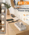 Heavy Duty 6 Ft Surge Protector Power Strip With Six Usb Ports And Sixteen Widely Spaced Ac Outlets For Home Office Setup displayed on wood table.