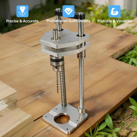 300mm Stroke Drill Press Stand With 6061 Aluminum Alloy Vertical Drill Guide on wooden table outdoors