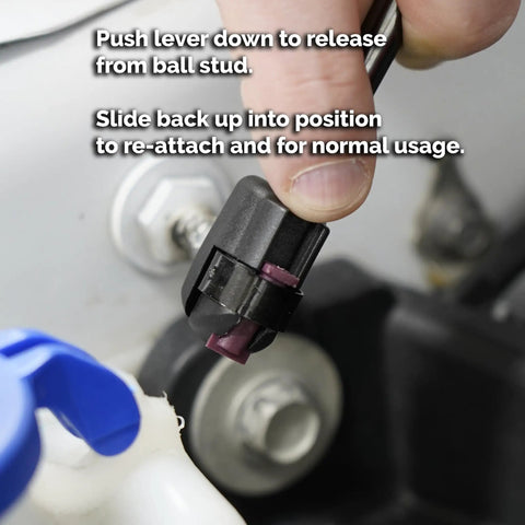 Hand demonstrating No Sweat Quick Release End Fittings for 10mm Ball Stud Gas Spring Struts in use, showing smooth operation.