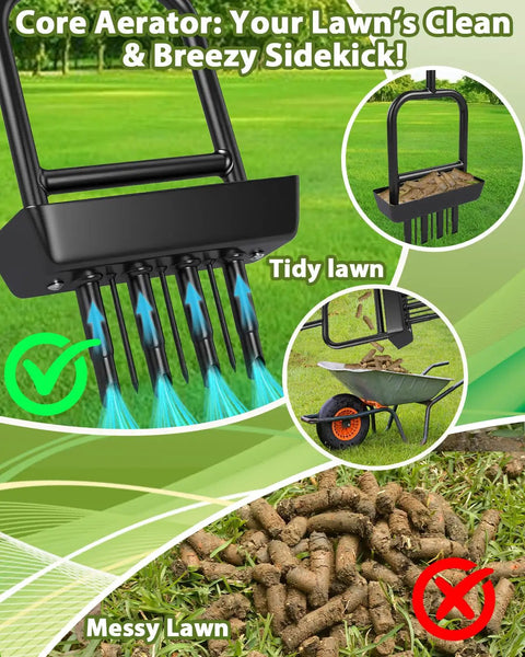 2-In-1 Manual Lawn Aerator Tool With Soil Core Storage Tray showing aeration effect on tidy and messy lawns