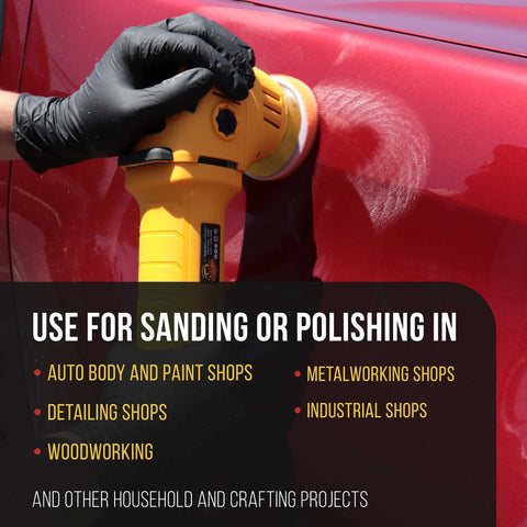 Shop Grade Hook And Loop DA Backing Plate Pad For Random Orbital Sanders 3 Inch 5/16 Shank 14mm Thick Flexible Polyurethane Foam discs in use on a car for sanding.