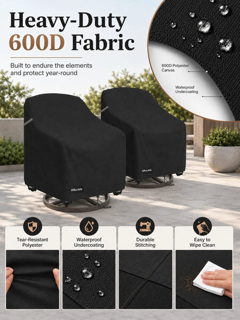 Beefy All Weather Swivel Patio Chair Covers 2 Pack Waterproof Outdoor Furniture Covers For Rain Snow And Sun Protection, Fits 30 W x 34 D x 38.5 H Inch Swivel Chairs, Black with detail on fabric and features