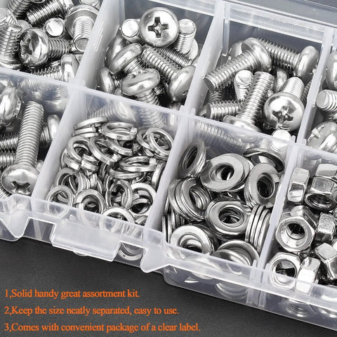 Kickass 304 Stainless Steel Metric Screw Kit With Phillips Pan Head Bolts M5 X 6mm 8mm 10mm 12mm 16mm 20mm Matching Hex Nuts And Lock Washers in clear compartment