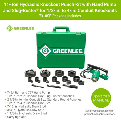 11 Ton Hydraulic Knockout Punch Kit With Hand Pump And Ram, assorted Slug Buster punches, and carrying case displayed