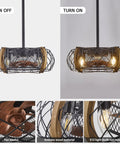 Farmhouse Caged Ceiling Fan With Light, 17 Inch Bladeless Ceiling Fan With Remote, shown turned on and off.