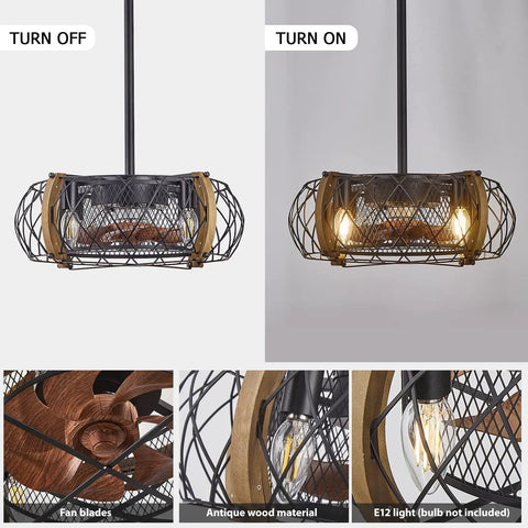Farmhouse Caged Ceiling Fan With Light, 17 Inch Bladeless Ceiling Fan With Remote, shown turned on and off.