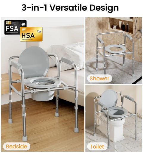 Solid As A Rock 3 In 1 Bedside Commode Toilet For Seniors Featuring Bulletproof Dual Crossbar Support And Big League Steel Frame Switches Seamlessly Between Raised Seat And Shower Chair For Hassle Free Daily Mobility Up To 350 Pounds