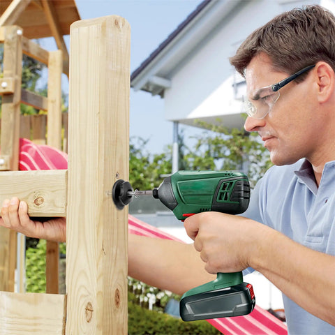 Heavy Duty Hex Head Allen Wrench Drill Bit Set Featuring 33 Pieces, man using drill with S2 steel bit on wooden structure.