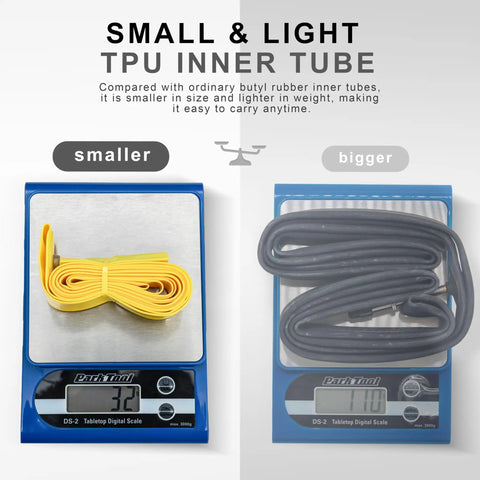 Comparison of TPU Inner Tube With Metal Presta Valve For Gravel Road And MTB Bikes and standard inner tube on scales