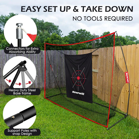 Golf Practice Net Set 10x7ft Heavy Duty Net With Mat Target Cloth 6 Balls 8 Tees Rubber Tee And Carry Bag set up in backyard