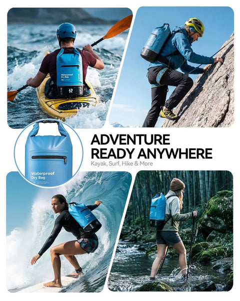 Various outdoor activities featuring 10L Waterproof Dry Bag With Floating Roll Top Bonus Phone Case Non Toxic PVC For Kayaking Beach