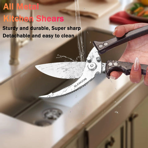 Heavy Duty Poultry Shears For Chicken And Turkey Stainless Steel Kitchen Scissors held near sink demonstrating water resistance