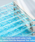 Heavy Duty 50 Hole Test Tube Rack For 13, 16, And 18mm Tubes, Multi Layer Detachable Tray Lab Tube Holder in blue with letter code feature