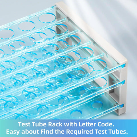 Heavy Duty 50 Hole Test Tube Rack For 13, 16, And 18mm Tubes, Multi Layer Detachable Tray Lab Tube Holder in blue with letter code feature