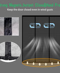 Heavy Duty Magnetic Screen Door With Self Sealing Magnets Hands Free Insect Shield, black fiberglass mesh, diagram showing magnet closure.