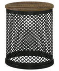Premium Drum Base Accent Table Featuring A Perforated Quatrefoil Metal Lattice And Rich Mango Wood Top, side view.