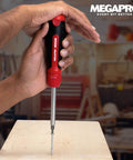 Ratcheting Screwdriver With Pullout Bit Cartridge For Easy Bit Change Red Handled Tool One Quarter Inch Hex Driver Alloy Steel Shaft Palm Saver Cap Made In Canada being used on wood