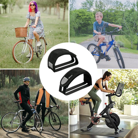 Adjustable Bike Pedal Straps For Universal Fit With Reflective Strips Toe Clips And Straps Tape For Outdoor Cycling And Fixed Gear Must Have Bike Accessories with cyclists in various settings