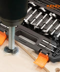 Front view of KENDO 16-piece alloy steel Forstner bit set in storage case with drill and wood workpiece