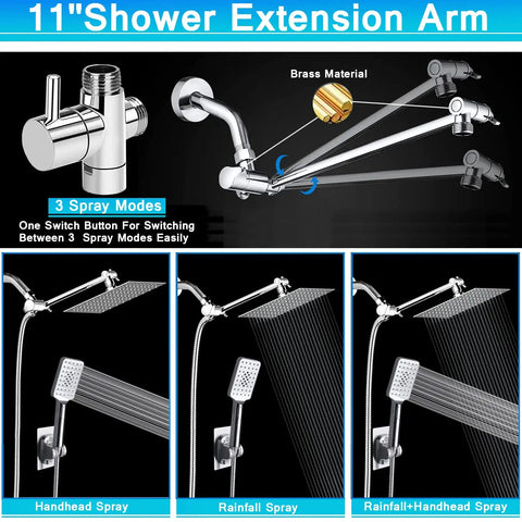 Big 10 Inch Square Rain Shower Head With Handheld Spray, 11 inch extension arm, showing 3 spray modes and brass material