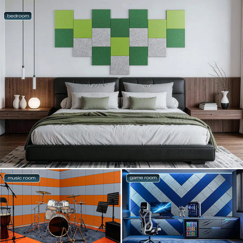 Snag These 12 Pack Acoustic Wall Panels With Self Adhesive Backing 12 By 12 By 0.4 Inch Sound Proof Foam Tiles In Sleek Black displayed in stylish bedroom, music room, and game room.