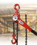 Front view red 3-ton manual lever chain hoist with G80 steel, dual-paw brake, 2 swiveling hooks