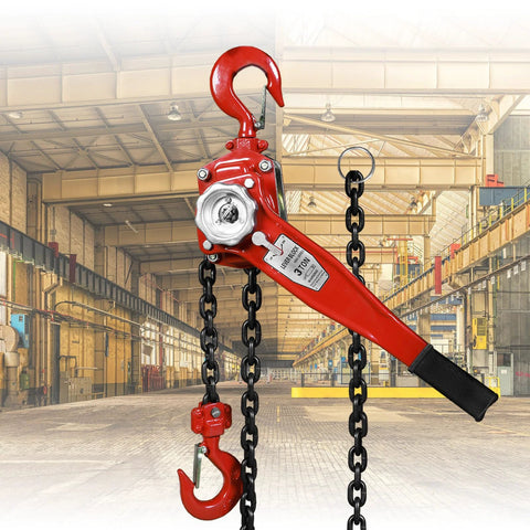 Front view red 3-ton manual lever chain hoist with G80 steel, dual-paw brake, 2 swiveling hooks
