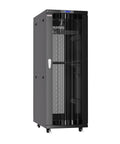 Heavy-Duty 37U Floor Standing Server Rack Cabinet 19 Inch 32 Inches Deep It Enclosure With Lcd Thermostat Cooling Fans Pdu Power Strip Adjustable Shelf And Rolling Casters For Office Network Setup, black steel cabinet with mesh door.