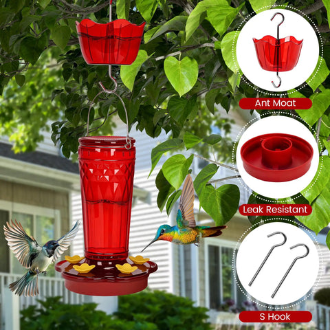 Two Pack Glass Hummingbird Feeders, 14 Ounce Capacity, Five Feeding Ports, Wide Mouth For Easy Filling And Cleaning