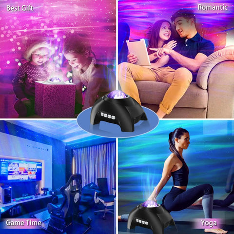 Northern Lights Aurora Projector 4 In 1 Night Light Ambient Galaxy Sky Projector with Bluetooth Speaker in various settings
