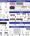 Must-Have Rotary Tool Bits Kit For Dremel And Other Brands, 508-Piece Universal Set with labeled sections for sanding, drilling, and more.