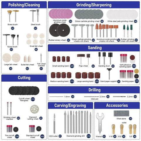 Must-Have Rotary Tool Bits Kit For Dremel And Other Brands, 508-Piece Universal Set with labeled sections for sanding, drilling, and more.