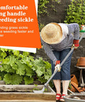 Gardener using Stand Up Weeding Sickle With Adjustable Long Handle Stainless Steel Double Serrated Blade in garden bed