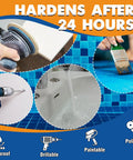 Heavy Duty Two Part Epoxy Pool Putty for Knockout Crack and Leak Plugging Underwater or Above showing waterproof, drillable, paintable options.