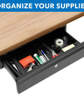 Heavy Duty Steel Under Desk Drawer With Key Lock And Smooth Glide Tracks For Secure Private Slide Out Table Storage Organizer showing organized supplies.