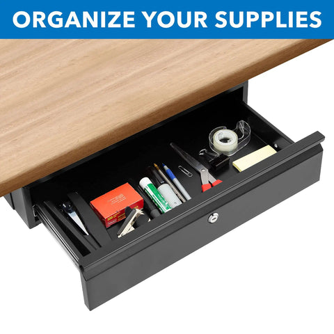 Heavy Duty Steel Under Desk Drawer With Key Lock And Smooth Glide Tracks For Secure Private Slide Out Table Storage Organizer showing organized supplies.