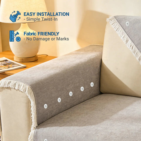 200 Piece Heavy Duty Transparent Plastic Spiral Bed Skirt Pins And Furniture Fabric Holders With Killer Grip And No Fuss Setup For Upholstery Jobs And Total Home Refresh Vibe on a couch with easy installation.