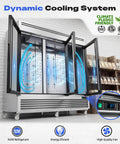 Top Shelf Heavy Duty Commercial Reach In Refrigerator With Three Glass Doors And Seventy Two Cubic Feet Of Stainless Steel Upright Merchandiser Featuring Rapid Cooling And Adjustable Shelves Ready To Roll In Any Kitchen Setting showing dynamic cooling system.