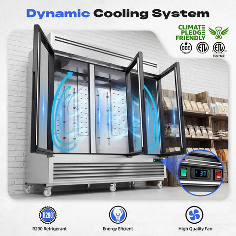 Top Shelf Heavy Duty Commercial Reach In Refrigerator With Three Glass Doors And Seventy Two Cubic Feet Of Stainless Steel Upright Merchandiser Featuring Rapid Cooling And Adjustable Shelves Ready To Roll In Any Kitchen Setting showing dynamic cooling system.