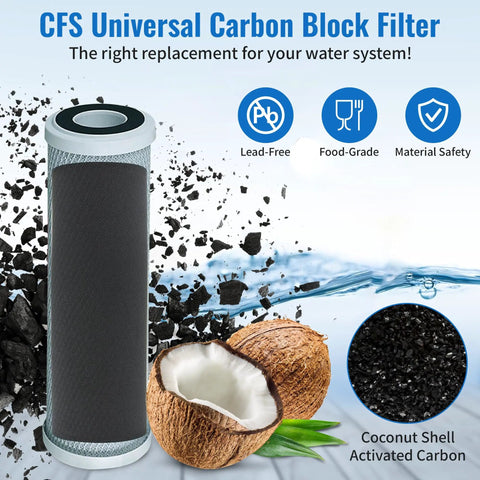 CFS universal carbon block filter with coconut shell, showcasing lead-free and food-grade material benefits.