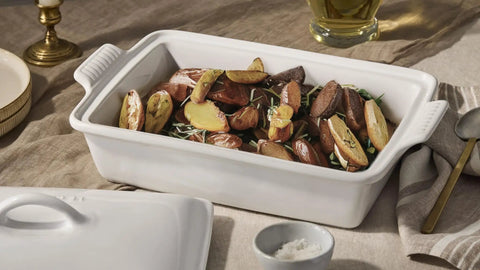 Premium Stoneware Covered Rectangular Casserole 4 Quart 12 By 9 Inch White Bakeware For Even Heating And Heat Retention with vegetables
