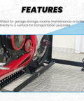 Beefy 1800 Lbs Heavy Duty Motorcycle Wheel Chock Stand Upright Fits 15 To 22 Inch Wheels in use in a garage setting.