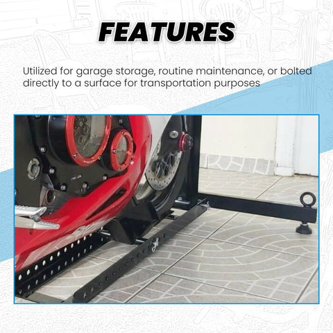 Beefy 1800 Lbs Heavy Duty Motorcycle Wheel Chock Stand Upright Fits 15 To 22 Inch Wheels in use in a garage setting.