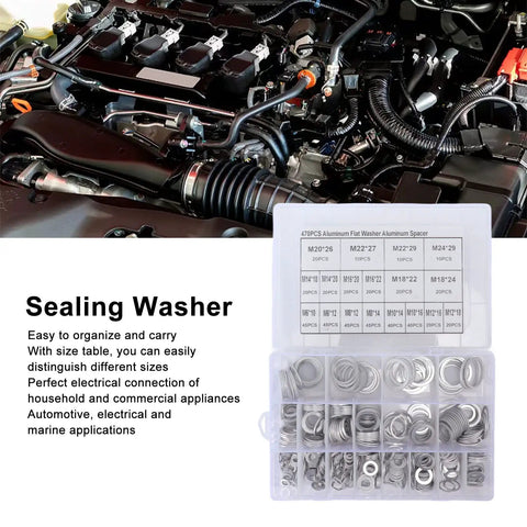 470 Piece Aluminum Alloy Sealing Washer Kit For Auto And Home Use With Rust Resistant Round Flat Washers Set in engine bay