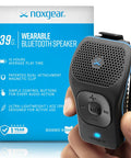 39G Wearable Bluetooth Speaker With Magnetic Clip On Waterproof For All Weather Up To 15 Hours Of Playtime Clip On Microphone Speaker For Backpack Or Collar 100 Foot Range And Comfortable Lightweight Design, black speaker in hand with packaging