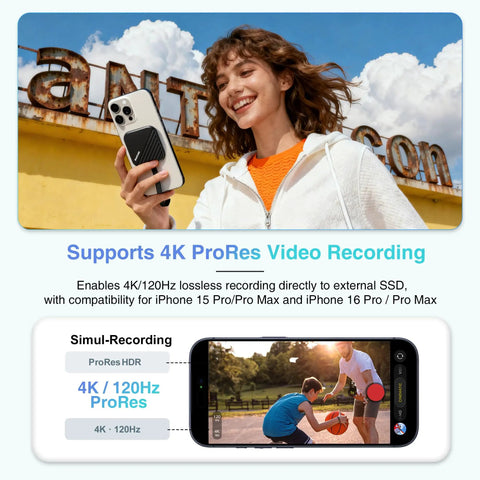 Woman holding iPhone with MagSafe Compatible 1TB Magnetic External SSD For iPhone And Mac, ultra fast 2000 MB/s transfer