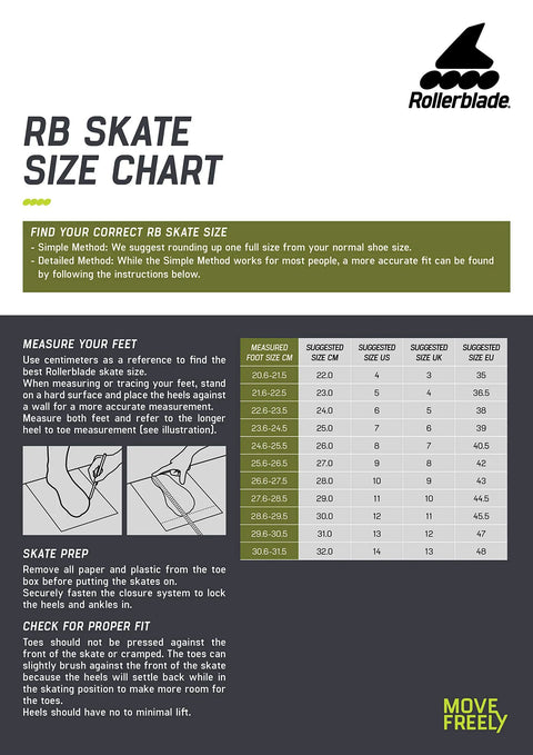 RB Skate Size Chart by Rollerblade with foot measurement guide and conversion table for accurate sizing.