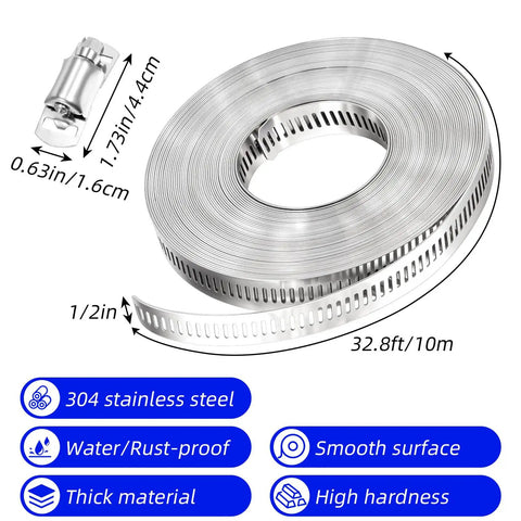 32.8Ft Metal Strap With 24 Stainless Steel Hose Clamps Kit For DIY Cut To Fit Adjustable Worm Gear Band Clamps